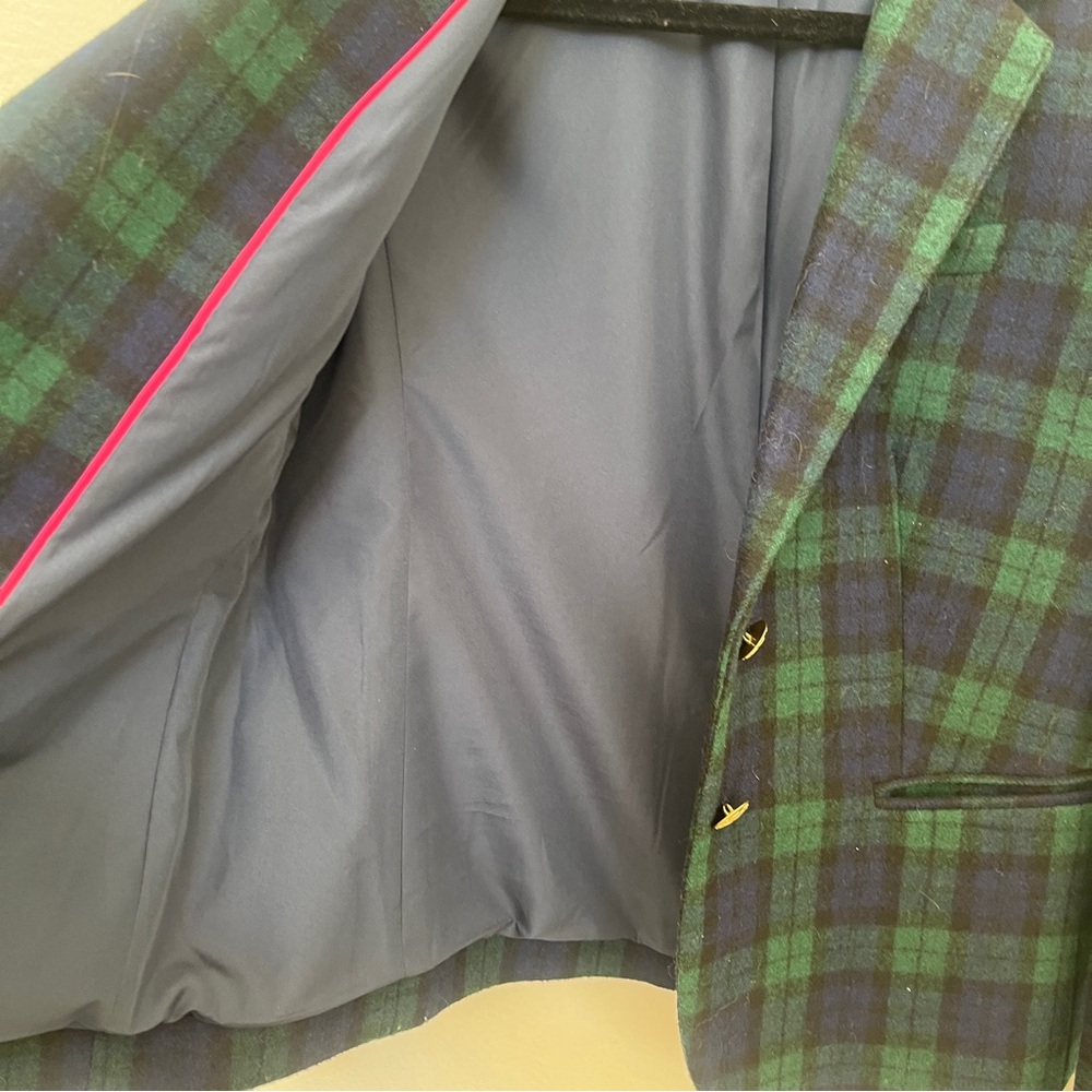 J CREW Factory Blazer 8/38” Green Blue Tartan PREPPY Wool Blend Gold Crest Buttn - Picture 10 of 16